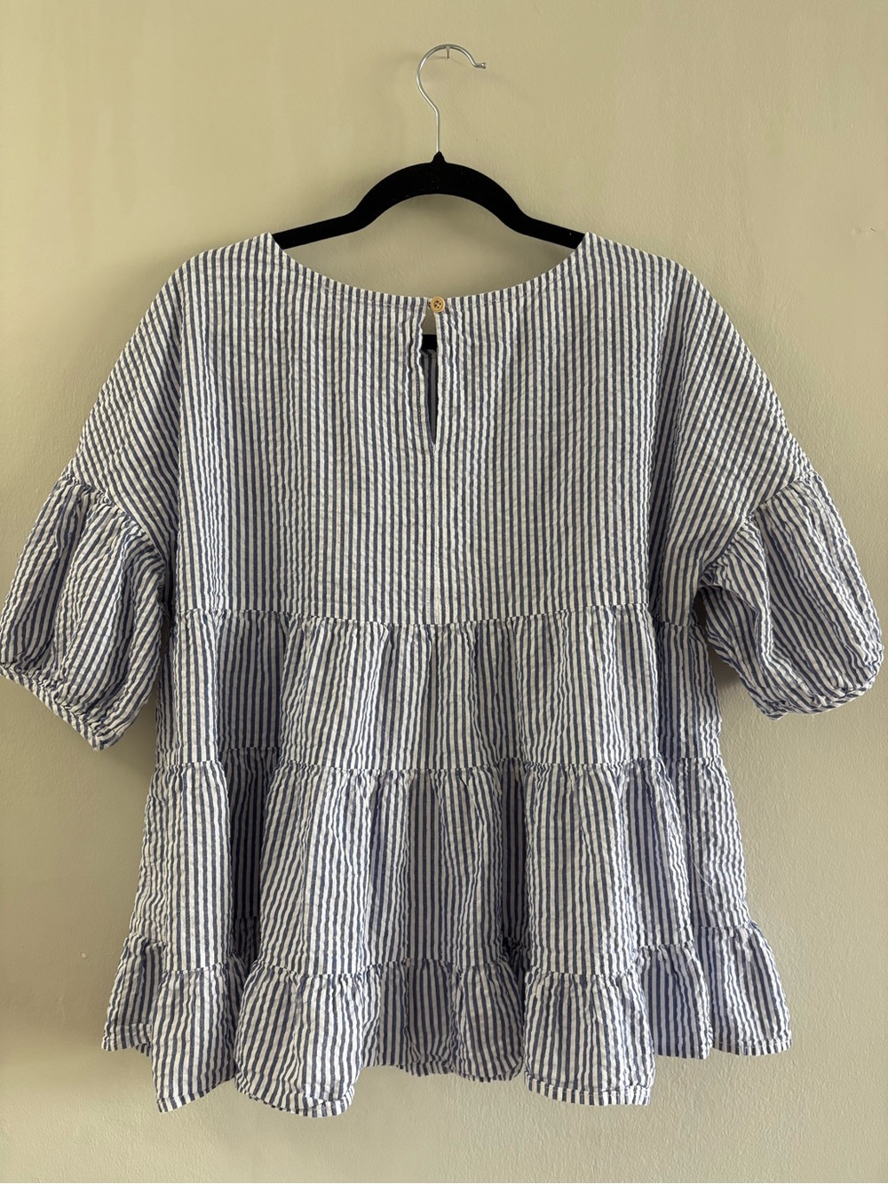 Ces Femme Blue White Striped Tiered Babydoll Top Large 100% Cotton Puff Sleeve - Picture 6 of 9